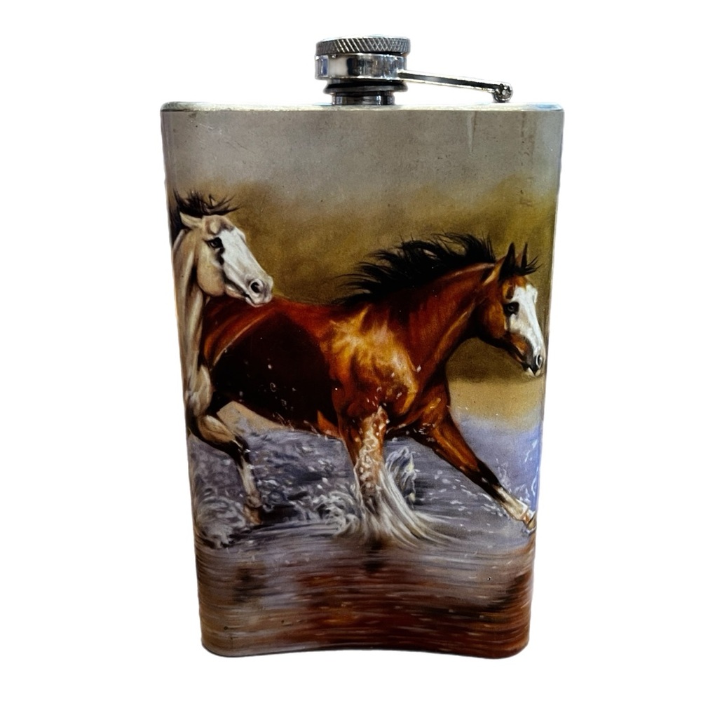 Hand painted vintage 9oz “wild horse” flask (signed) - Picture 2 of 9